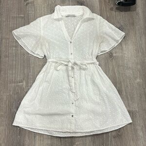 Zara floral eyelet, white short sleeve dress with belt